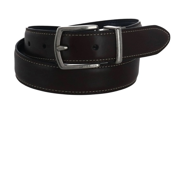 Tommy Hilfiger Imitation Leather Brown/Black Reversible Belt with Silver Buckle - Picture 5 of 11